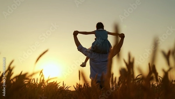 Obraz Child dad dream together in nature. Family dad child with child on shoulders running through wheat field. Parent dad girl child run together. Kid daughter father playing enjoying outdoors dream fly