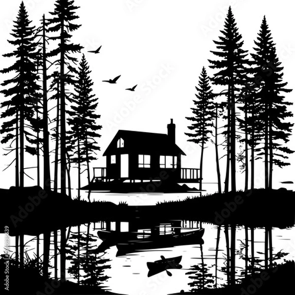 Fototapeta Forest cabin by a lake with canoe, surrounded by tall trees, vector silhouette style
