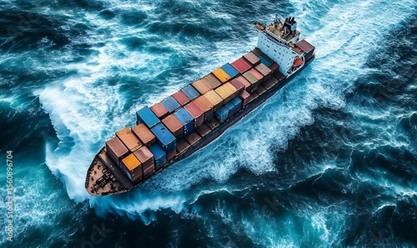 Fototapeta 
A container ship caught in a storm in the middle of the ocean, view from above. Highly volatile markets. Unstable situation in the economy. Avoid a crisis.


