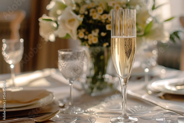 Fototapeta Elegant table setting with flutes, glassware, linen tablecloth and a floral centerpiece ready for a celebratory toast.