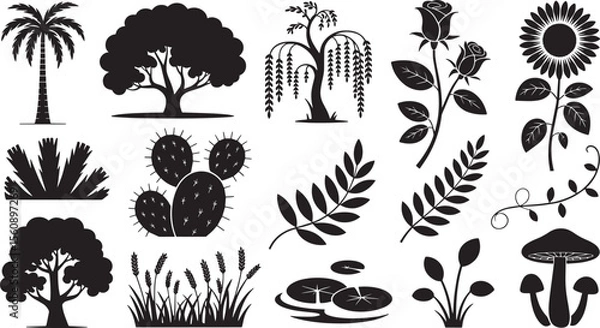 Fototapeta Black Silhouettes Botanical Elements Collection Palm Tree Oak Willow Rose Sunflower Cactus Wheat Lily Pads Mushroom