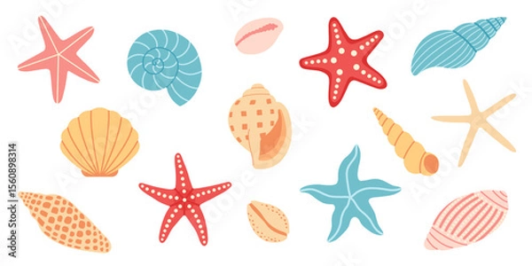 Fototapeta Set of colorful cartoon sea shells and starfish in various shapes and colors, isolated. For scrapbooking, summer, sea, ocean, beach, vacation, tropical, card design. Flat vector. Hand drawn items.