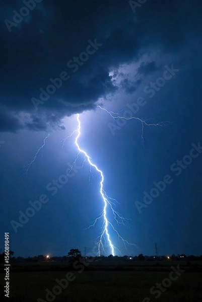Fototapeta Dramatic Lightning Storm over a Dark Landscape Powerful Bolts Illuminate Ominous Clouds, Perfect for Weather, Nature, and Power-themed Projects