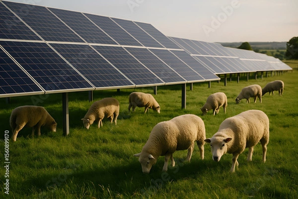 Obraz Sheep grazing in a solar farm field representing sustainable energy and renewable power generation