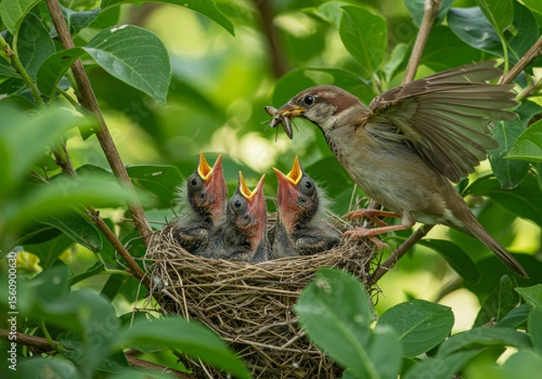 Fototapeta bird in nest whit babys