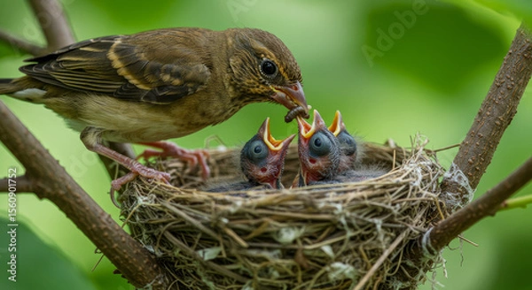 Fototapeta Bird in nest whit babys