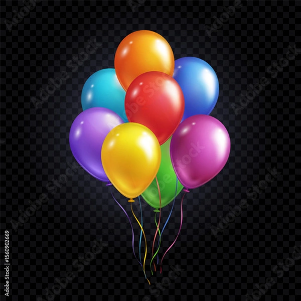 Obraz Balloons bunch isolated on transparent background. Vector colorful festive 3d helium balloons template for anniversary, birthday party design