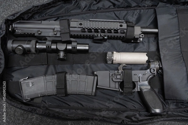 Obraz A disassembled modular rifle with accessories, such as an optical scope and a suppressor, neatly laid out in a tactical case for transportation.