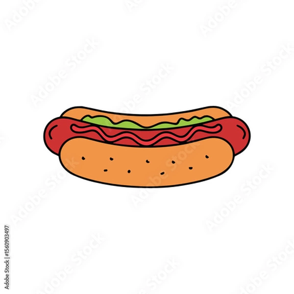 Obraz A cartoon illustration of a hot dog with toppings, ready to eat.