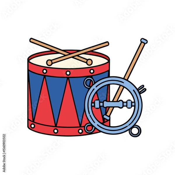 Obraz A colorful illustration of a drum, drumsticks, and a musical instrument.