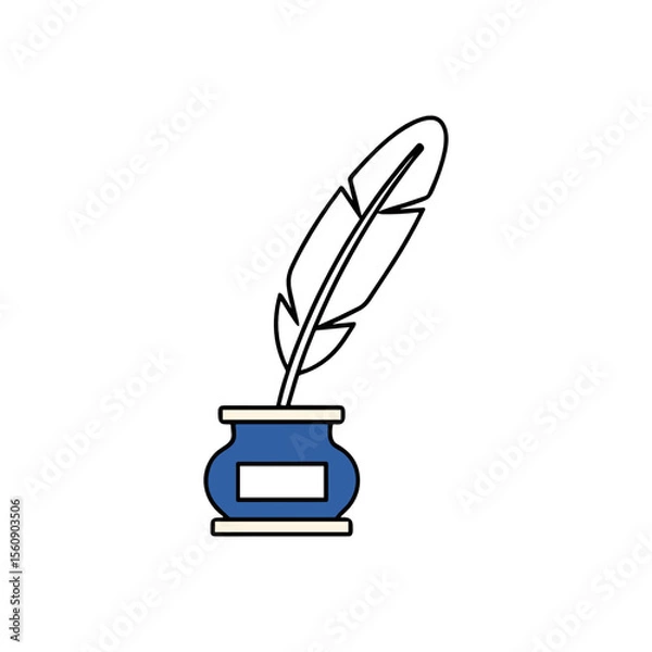 Obraz Stylized illustration of a quill pen inserted into a blue inkwell, isolated on a white background.