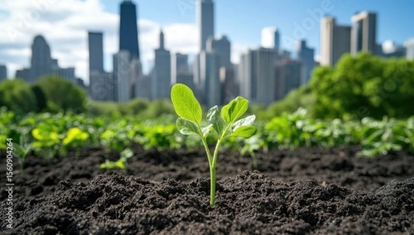 Fototapeta A young sprout emerges from dark soil, with a cityscape in the background.  Green leaves unfurl against a backdrop of tall buildings and greenery