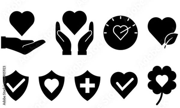 Obraz 健康と安心を象徴するハートとシンボルのシルエットアイコンセット