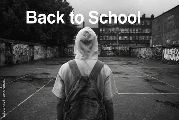 Fototapeta Teenager in hoodie with backpack standing in empty urban schoolyard with back to school text. Copy space
