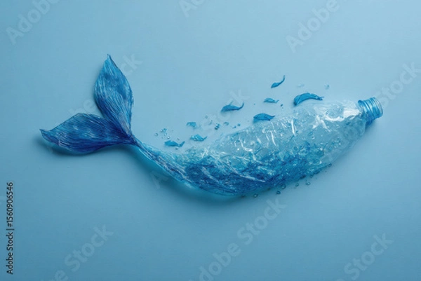 Fototapeta Plastic bottle creatively shaped like a fish to highlight ocean pollution and environmental impact of plastic waste. Copy space