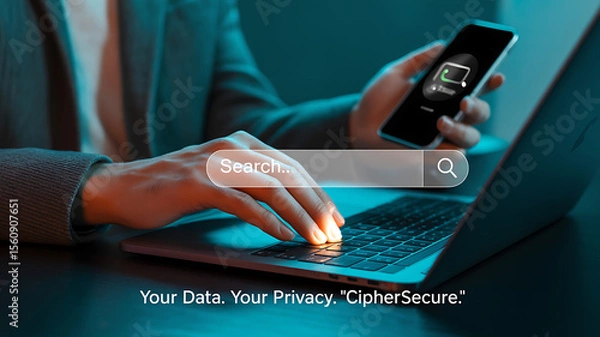 Fototapeta Person using laptop and holding phone with secure connection icon on the screen shown