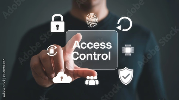 Fototapeta A man pointing at a transparent access control interface with security icons around it