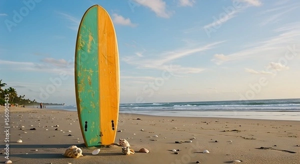 Fototapeta Surfboard Standing on a Sandy Beach with Ocean View