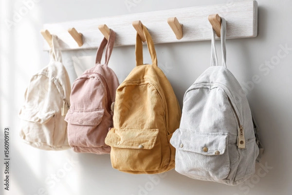 Fototapeta Neutral-toned fabric backpacks hanging neatly on wooden wall hooks in minimalist setting, symbolizing order and back to school. Copy space