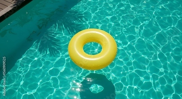 Fototapeta Yellow Swim Ring Floating on Sparkling Pool Water
