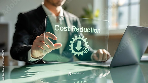 Fototapeta Man in suit interacting with transparent screen displaying cost reduction graphic near laptop