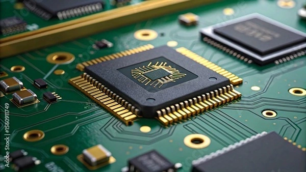 Fototapeta Close-up of a microchip on a green printed circuit board with gold connectors and electronic components

