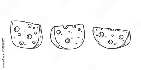 Fototapeta Cheese in sketch style, black and white illustration. Slice of cheese isolated on white. Food Vector illustration
