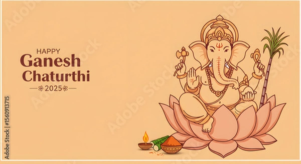 Obraz Happy Ganesh Chaturthi 2025 festival greeting card design. Features an illustration of the Hindu god Lord Ganesha on a lotus with offerings for the religious celebration