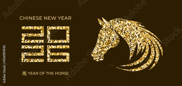 Obraz Golden 2026 Chinese New Year vector greeting banner with a sparkling horse for the Year of the Horse.A traditional Asian zodiac festival in China, a lunar event, marks a year of joy and horoscope luck