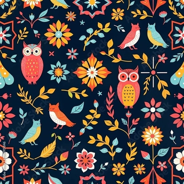 Fototapeta A vibrant and colorful floral pattern featuring six colorful birds and flowers on a dark blue background. the pattern is designed with a repeating design of various shapes and colors, including red, o