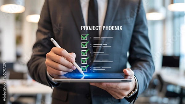 Fototapeta Man in suit holding tablet with project phoenix checklist and stylus in office space
