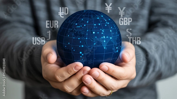 Fototapeta A person holding a digital globe with currency symbols floating around it in their hands