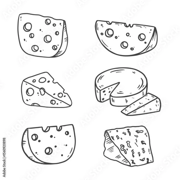 Fototapeta Cheese in sketch style, black and white illustration. Slice of cheese isolated on white. Different types of cheese. Food Vector illustration

