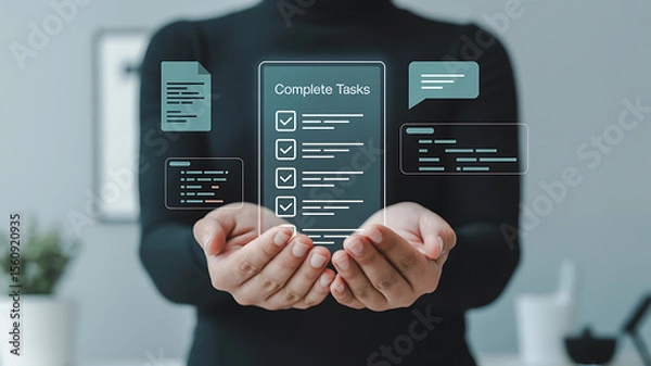Fototapeta Person holding a digital screen displaying complete tasks with checkmarks and other icons