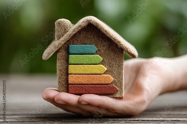 Obraz Hand is holding a miniature house made of natural materials with an energy efficiency rating displayed on its front, promoting sustainable and eco friendly housing concepts
