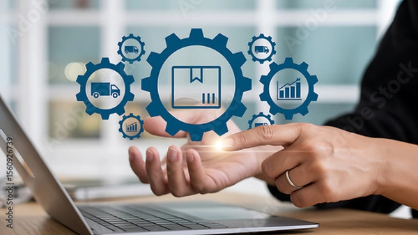 Fototapeta Person using laptop with digital logistics icons floating above hand in blurred setting