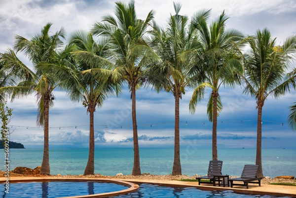 Obraz Swimming pool with sea view, palm trees, sun beds