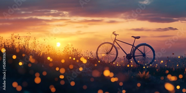 Obraz Bicycle Silhouette in Sunset Meadow with Dreamy Glowing Lights

