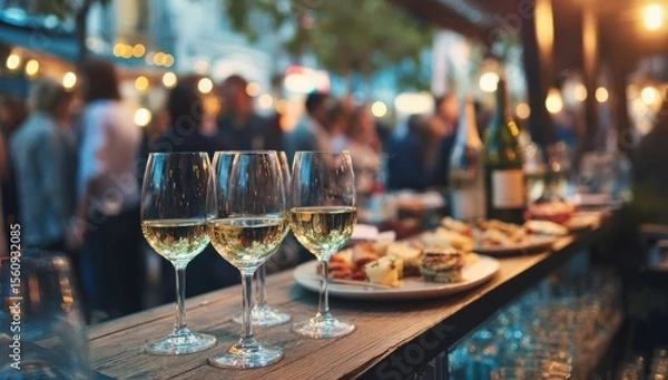 Fototapeta Elegant gathering featuring drinks and snacks, with people socializing in a vibrant urban coffee shop, showcasing a bar counter adorned with various shots of white wine.