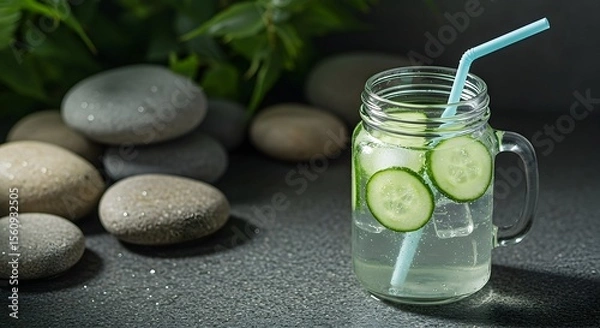 Fototapeta Refreshing Cucumber Water with Ice and Straw on Gray Surface