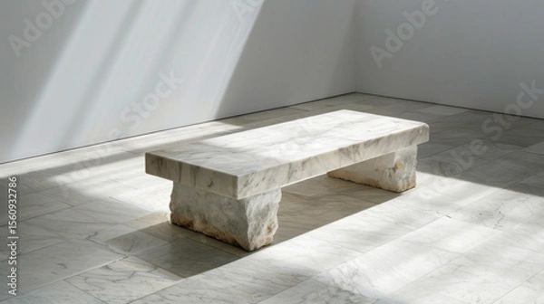 Fototapeta Minimalist white platform features single bench with sleek design, showcasing elegant marble textures and soft shadows