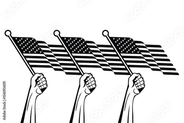 Fototapeta vector design of three hands holding a waving usa flag in black and white