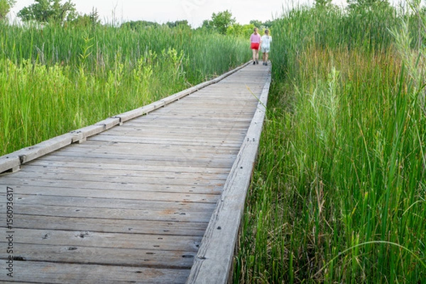 Obraz nature trail - wooden boardwalk path through wetlands in a fall scenery with distant walkers or hikers - a journey metaphor