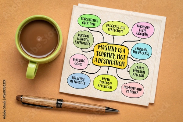 Obraz Mastery is a journey, not a destination - a winding, evolving process of deepening skill, understanding, and self-awareness over time. Infographics mind map.