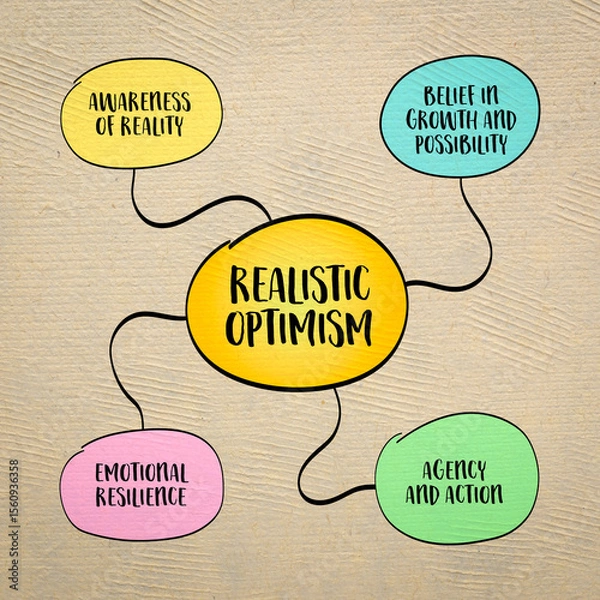Obraz Realistic optimism is the mindset that combines a hopeful outlook with an honest assessment of reality. Infographics mind map.