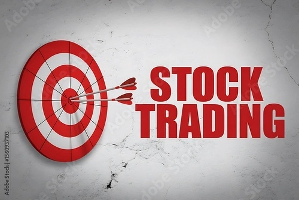 Fototapeta Red and white target with arrows in the bullseye next to the words stock trading on wall