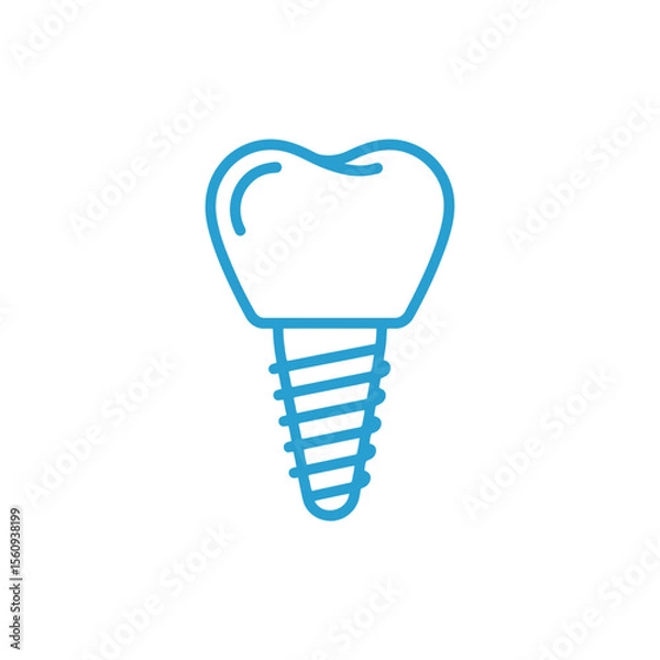 Fototapeta Simple blue line icon of a dental implant with a tooth crown on a white background