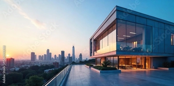 Fototapeta Modern Glass Office Building with City Skyline View Sleek Architecture and Successful Business Image