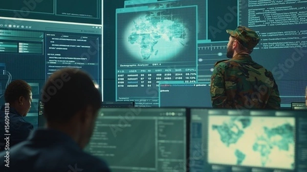 Obraz Military hackers working on cyber security in a high tech government center. Focusing on network protection, encryption and preventing cyber attacks to safeguard state secrets. Camera A.