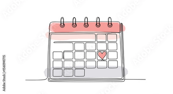 Obraz  One line doodle drawing of a calendar with a heart on date, watercolor fill in blush pink, coral red and light gray on white background
